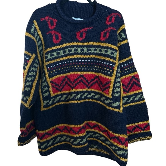 Vintage Hand Knit Wool Sweater Made in Ecuador Chunky Boho Western Aztec XL - Picture 1 of 6